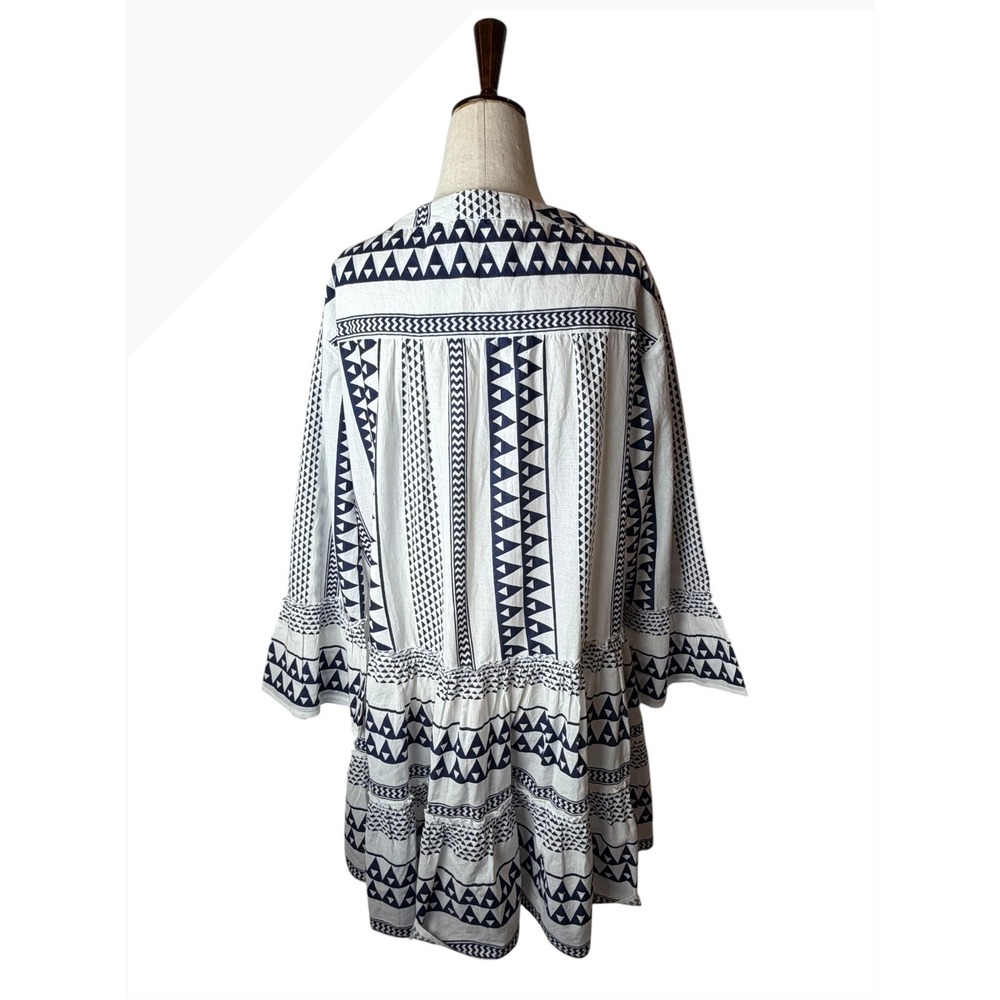 Bindu Anthropologie Geometric Tribal Tiered Mini Dress Women Medium Blue White - Picture 3 of 11